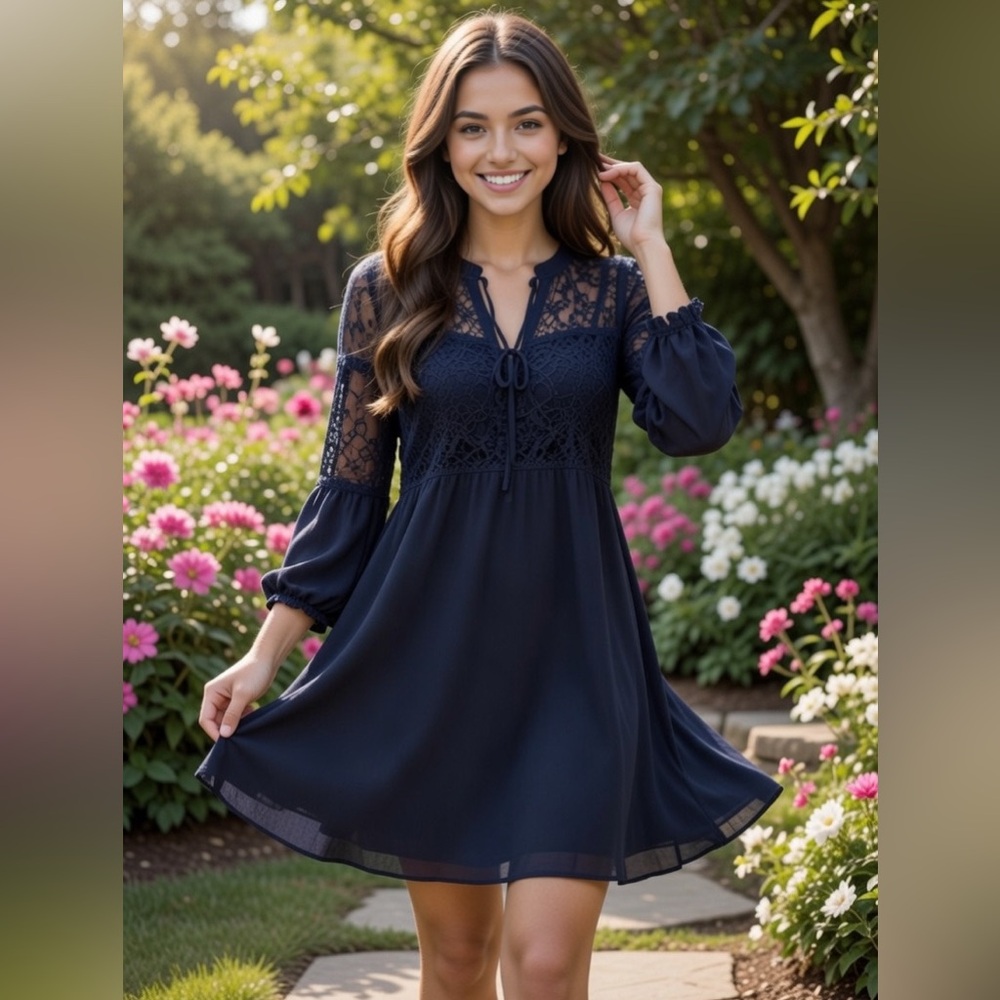 Forever 21 NWT Navy Long Sleeve With Lace Dress